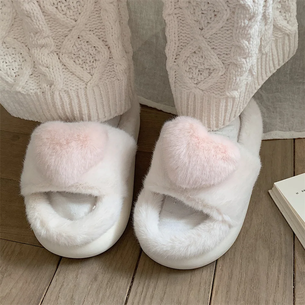 

Cute Heart-shaped Cotton Slippers Winter New Comfort Women's Indoor Non-slip Thick Bottom Fluffy Soft Shoes Chaussure Femme Été