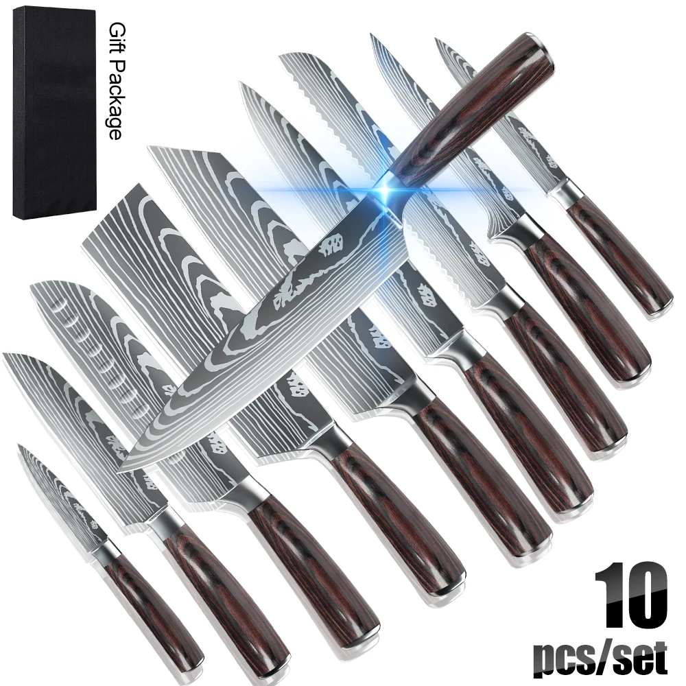 ZENG 10pcs Kitchen Knives Set Laser Damascus Pattern Chef knife Ultra-Sharp Santoku Cleaver Slicing Utility Kitchen Knife Tool