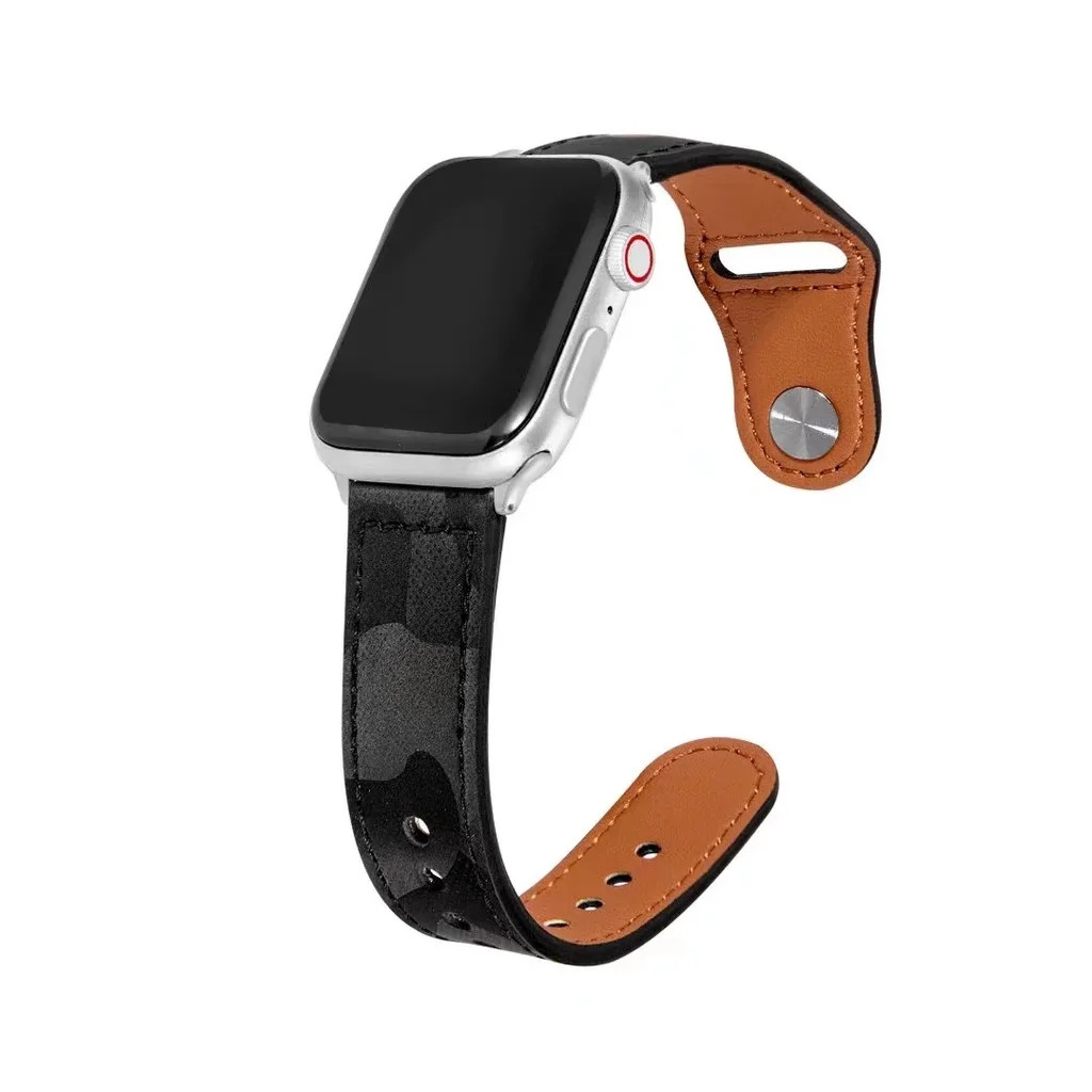 

Camouflage Texture Genuine Leather Strap for Apple Watch Series 7/se/6/5/4/3/2/1 (41mm 45mm 44mm) smart watch