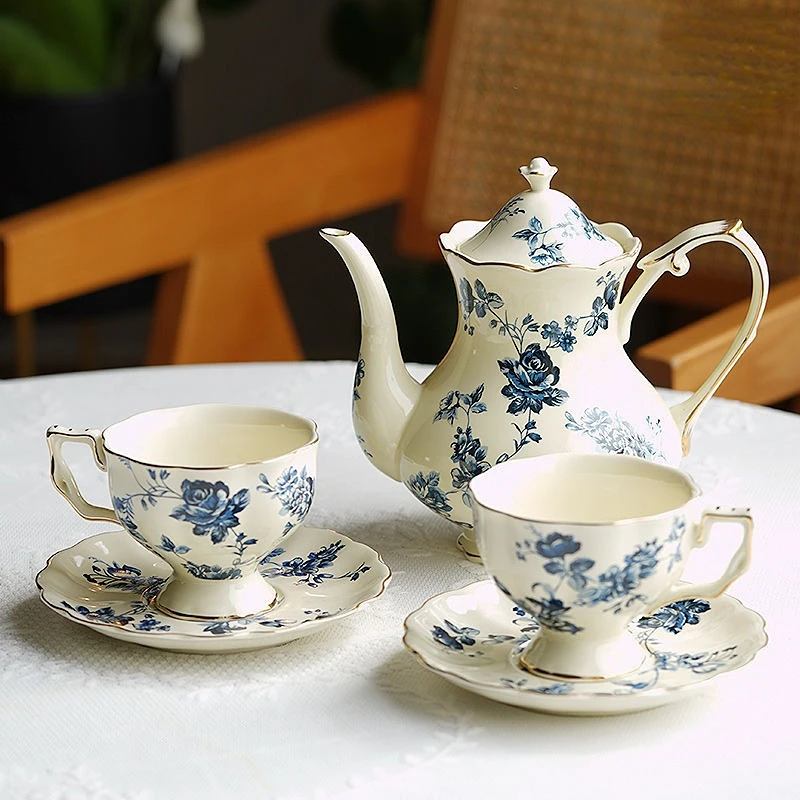Vintage Blue and White Ceramic Coffee Pot Tea Cups and Saucer Sets Luxury  English Afternoon Tea