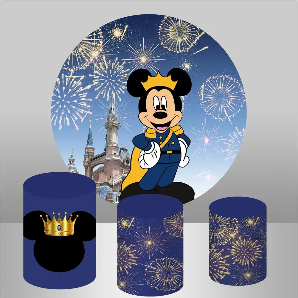 Castelo de Fogo de Artifício Real Mickey Redondo Pano de Fundo para Pouco Príncipe Chá de Fraldas Meninos 1st Aniversário Festa Círculo Fundo Mesa Banner