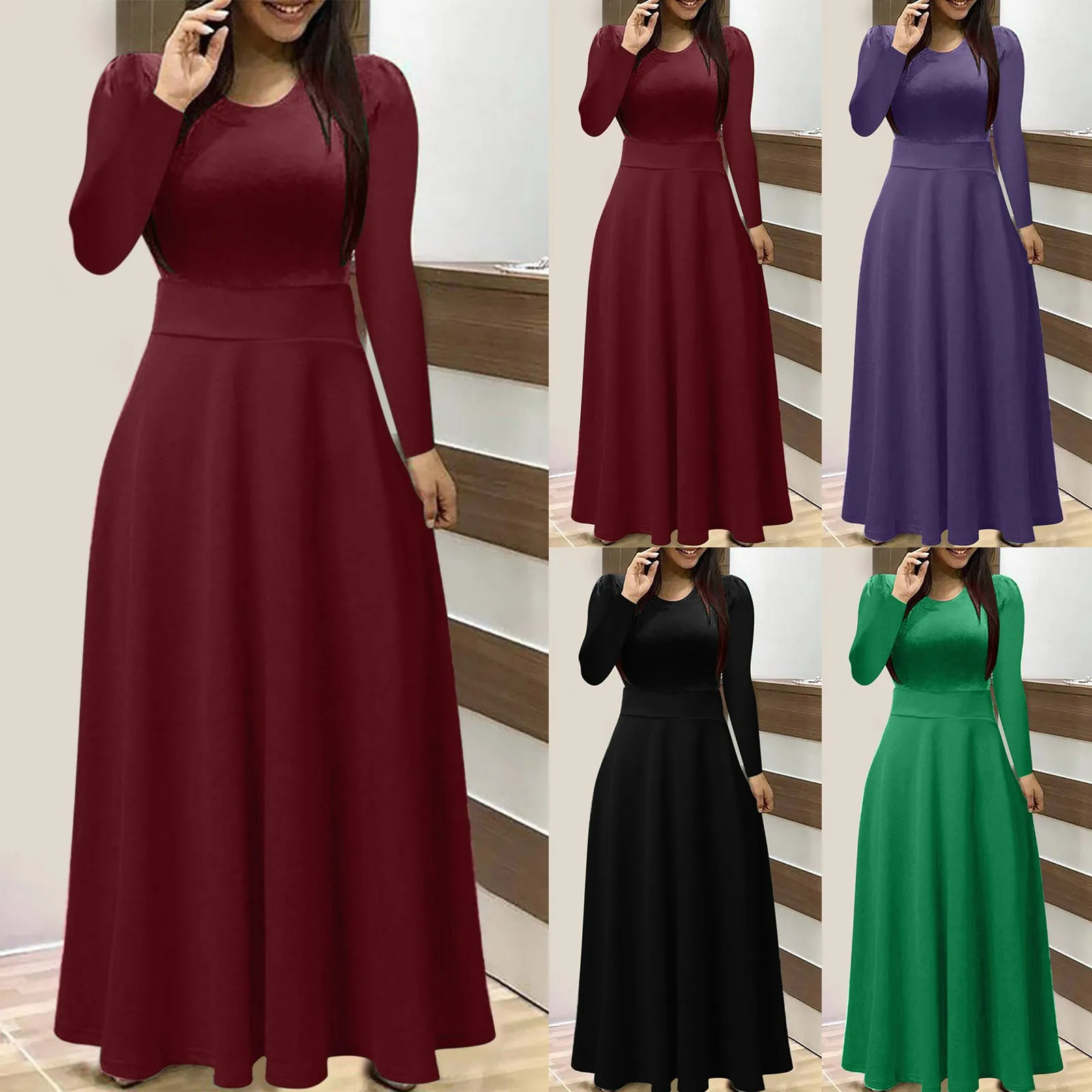 

Women Casual Solid Long Sleeve Round Neck Dress Big Swing Long Dress Sundress Short Athletic Dress Long Sundresses Women