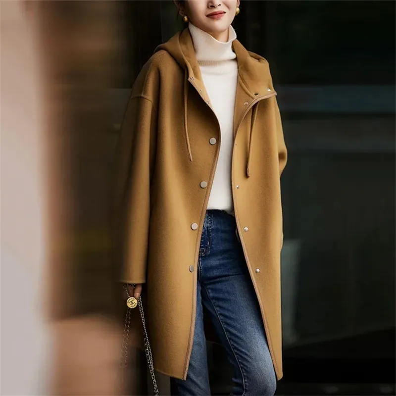 

Vintage Hooded Long Sleeve Pocket Camel Outwear Autumn Casual Loose Blend Wool Long Overcoat Women Button Cardigan Tops Jackets