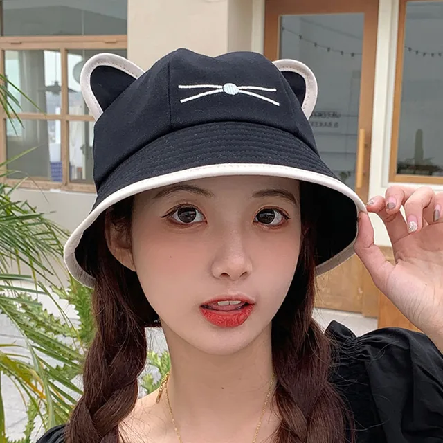 Korean Cartoon Cat Ears Women Girls Bucket Hat Spring Summer Kawaii Beach Tour Sun Visor Hats Wide Brim Solivd Cotton Panama Cap 1