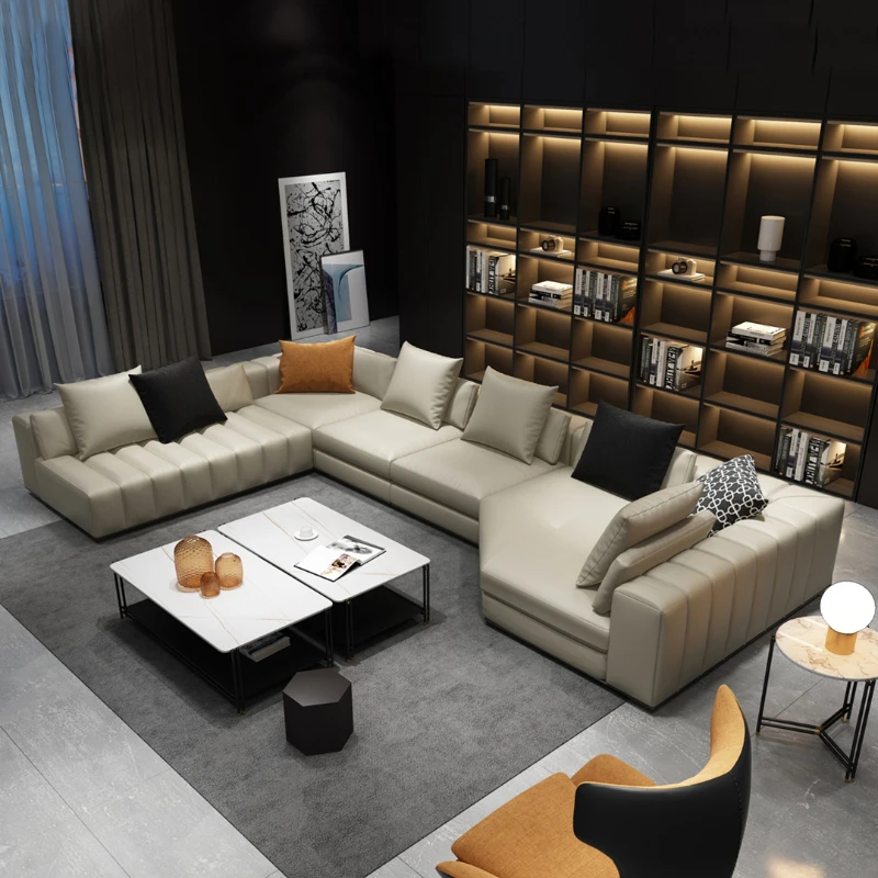 

High-End Leather Sofa Minimalist Light Luxury Large Living Room Villa U-Shaped Arc