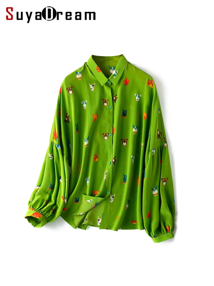 suyadream-woman-printed-shirts-100-mulberry-silk-turn-down-collar-lantern-sleeves-blouses-2023-spring-summer-green-top