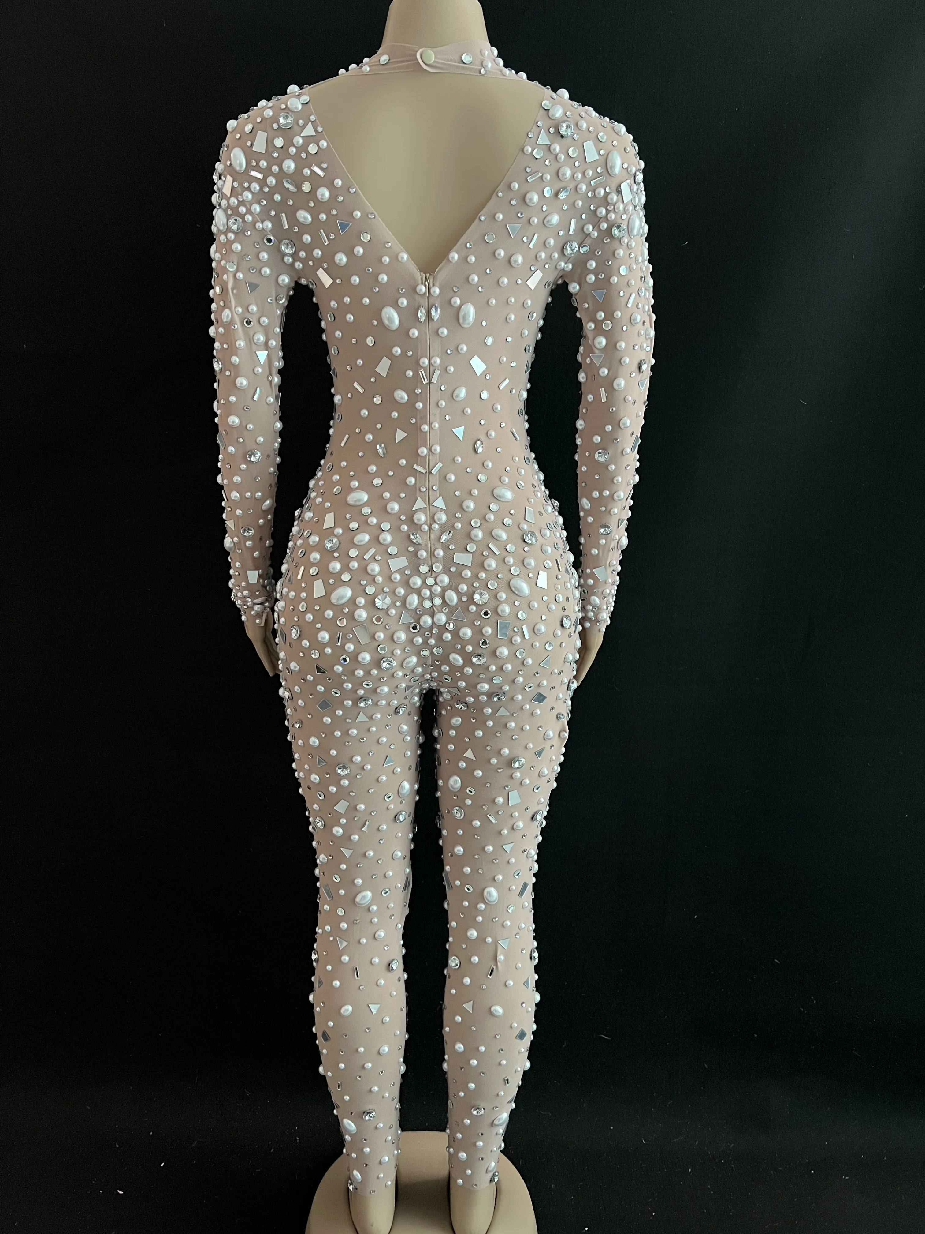Sparkly Silver Mirror Rhinestone Pearl Transparent Jumpsuit Birthday Celebrate Net Yarn Outfit Women Dancer Wear YOUDU