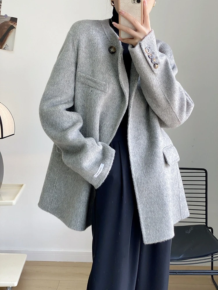 

2023 Autumn Winter Jacket Women Real Fur Coat Cashmere Wool Blends Short Loose Warm O-neck Thick Streetwear New Fashion