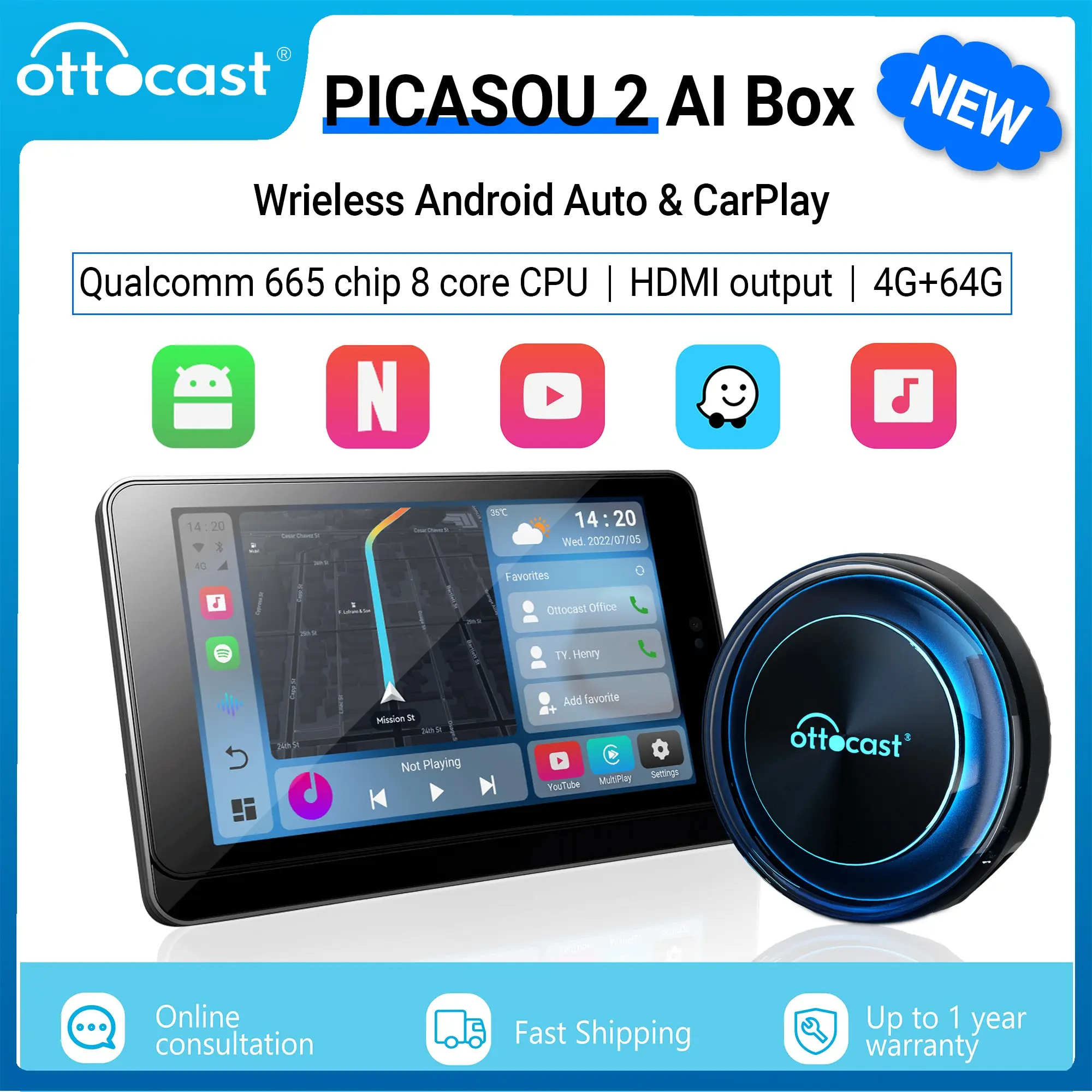 OTTOCAST PICASOU 2 CarPlay AI Box with HDMI Wireless CarPlay Android Auto  Audio Support Netflix Youtube IPTV for Porsche Benz