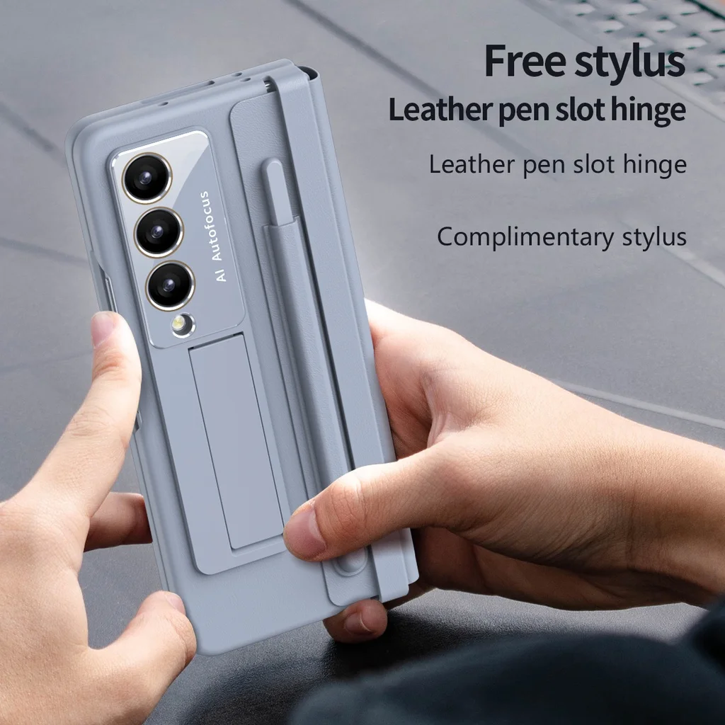 With S Pen Holder For Samsung Galaxy Z Fold 5 Fold 4 5G PU Leather Case Hinge With Bracket Screen Film Full Protector Cover