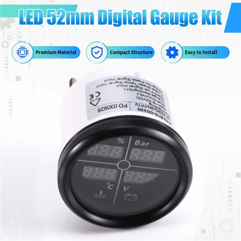 최신 디지털 게이지 52mm LED 자동차 보트 요트 멀티 4 in 1 0-190옴 연료 레벨 게이지+ 오일 압력+ 수온+ 전압계