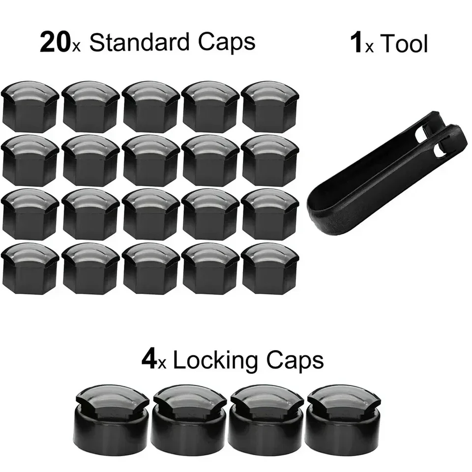 Kit Cache-Écrous Roue 17 Mm Noir Pour Opel/BMW - 20 Caches + 4 Antivols + Outil - 2