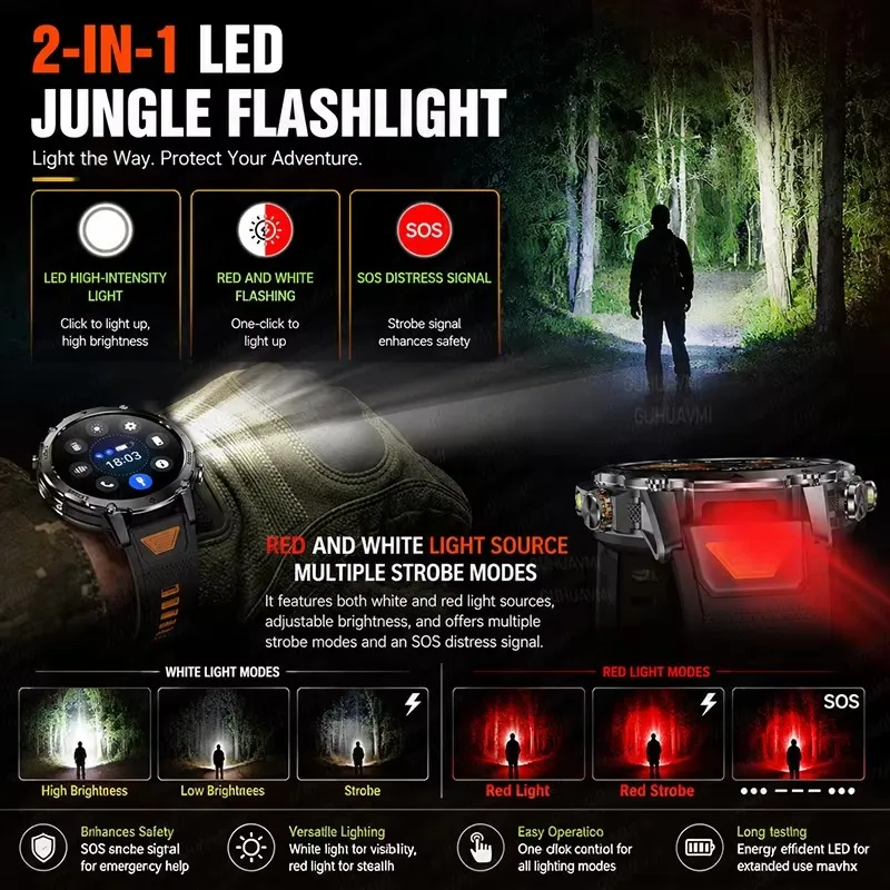 Outdoor Smart Watch for Men with 1400mAh Battery, GPS, Flashlight, 1.7 AMOLED Display, Bluetooth Calling, and Waterproof Design