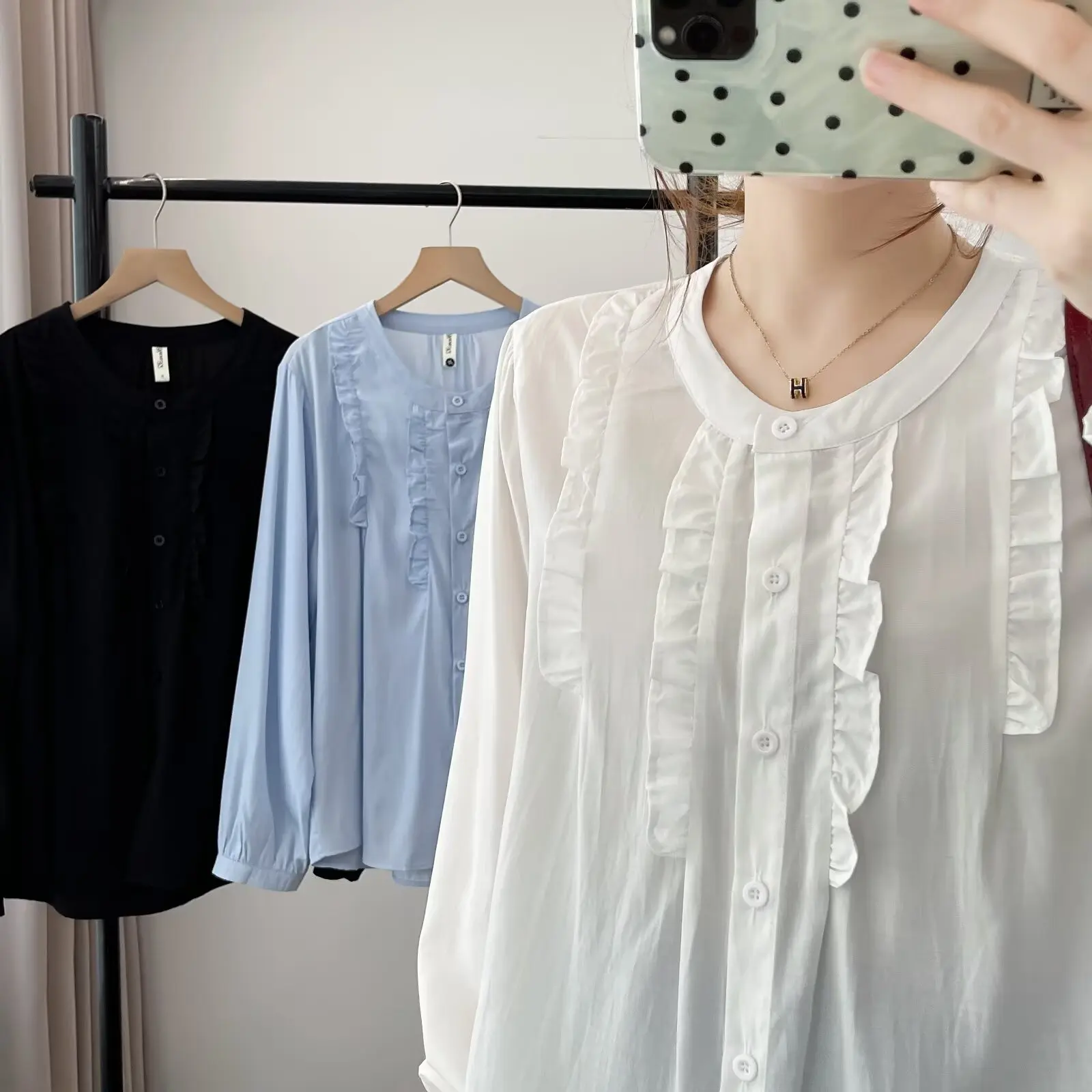 Fashion Plus Size Women's Blouses Autumn Style Ruffled Long Sleeve Chic Solid Color Ice Silk Cotton Shirt 2505