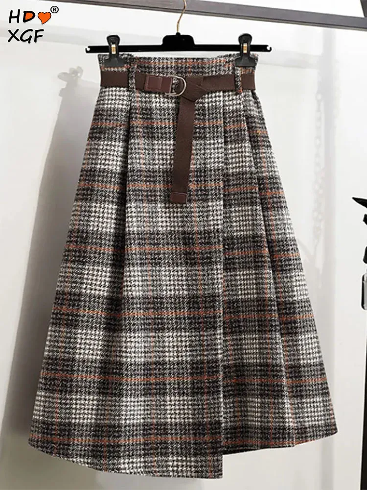 

Winter Irregular Edge Plaid Patchwork Wool Skirt Korean Fashion Zipper High Waist Women Midi Skirt Elegant Plus Size Loose Skirt