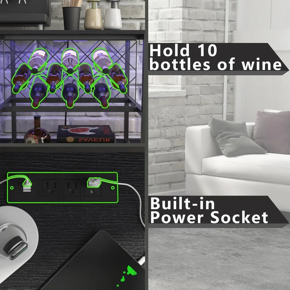 Wine Cabinet Coffee Table with Power Socket and LED Light, Three Tiers Coffee Bar Table Wine Rack Liqour Bar with Large Storage