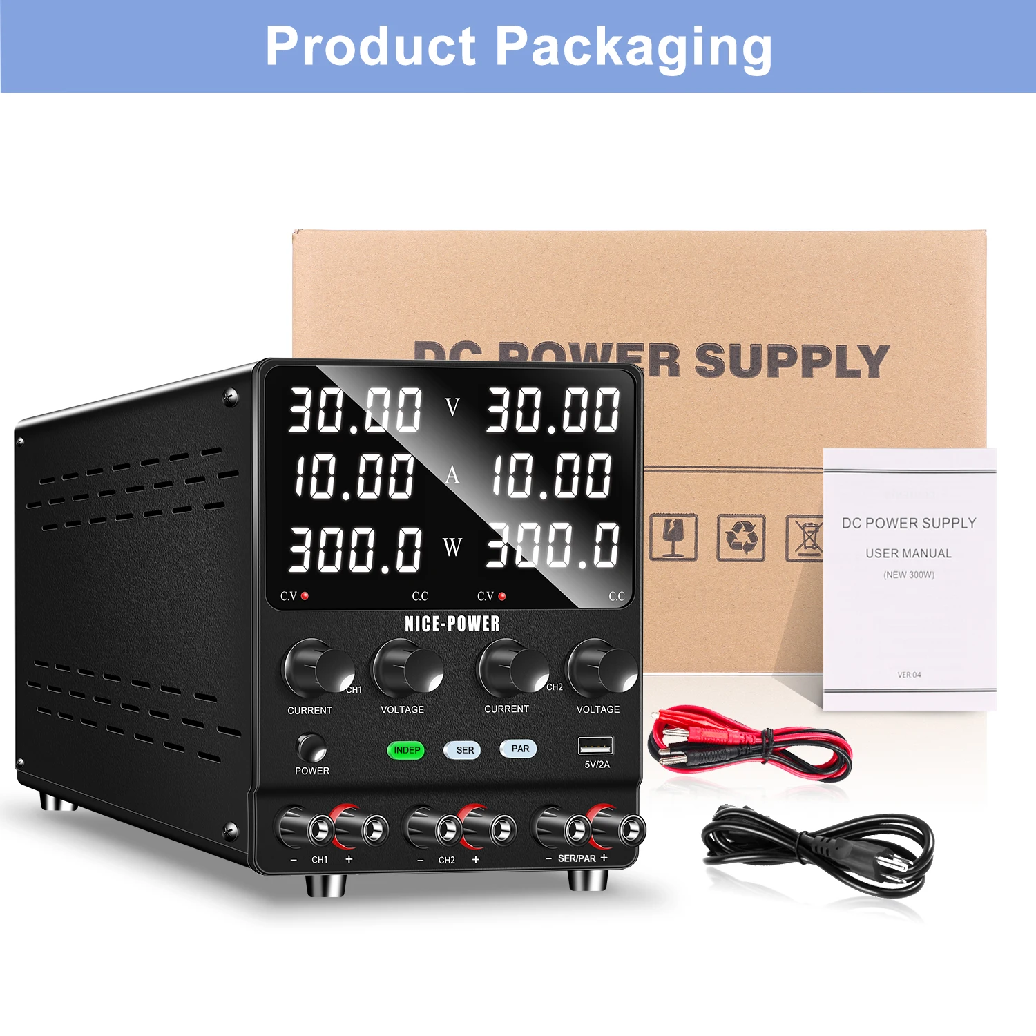 DC Power Supply SPS3010-2KD Variable Dual-Channel Adjustable 3-Way 30V 10A Bench Voltage Regulator Series Parallel