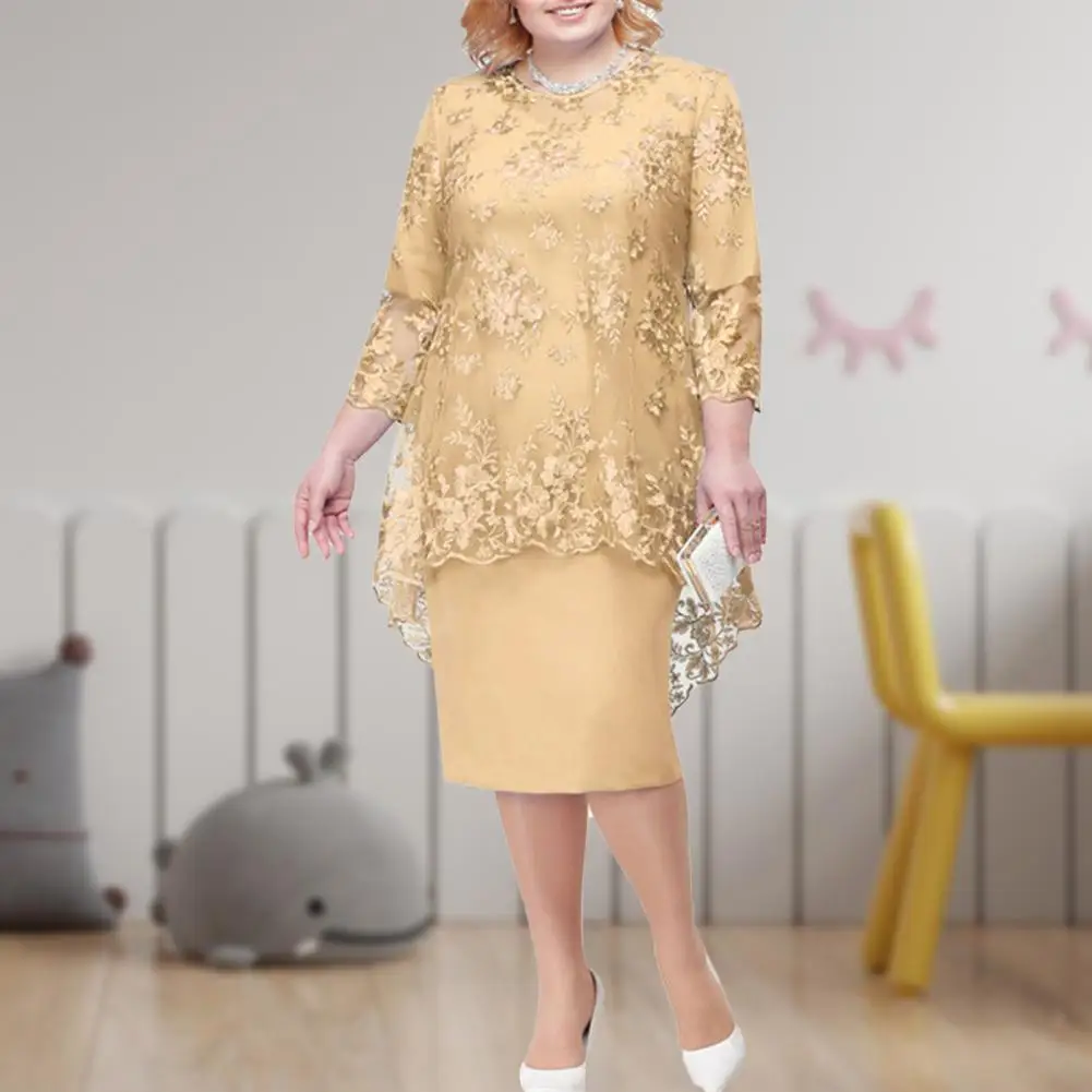 

Charming Elegant Dress Soft Texture Women Dress Slim Embroidery Lace 3/4 Sleeve Lady Evening Dress Comfy