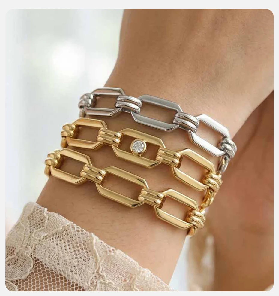Vnox Minimalistisches Silberbeschichtetes Handgefertigtes Geometrisches Armband Edelstahl Klobige Kettenarmbänder Wasserfester Schmuck Trendiges Geschenk – Detail 2