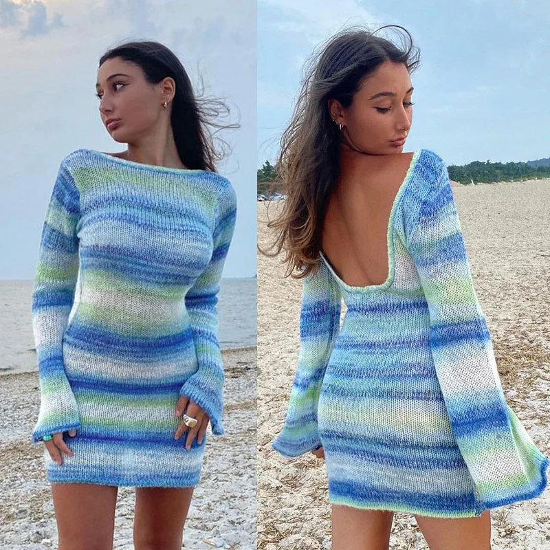 

Blue Sexy Knitted Backless Mini Dress Bodycon Y2K Long Sleeve Summer Beach Dress for Women 2022 New Club Party Dresses