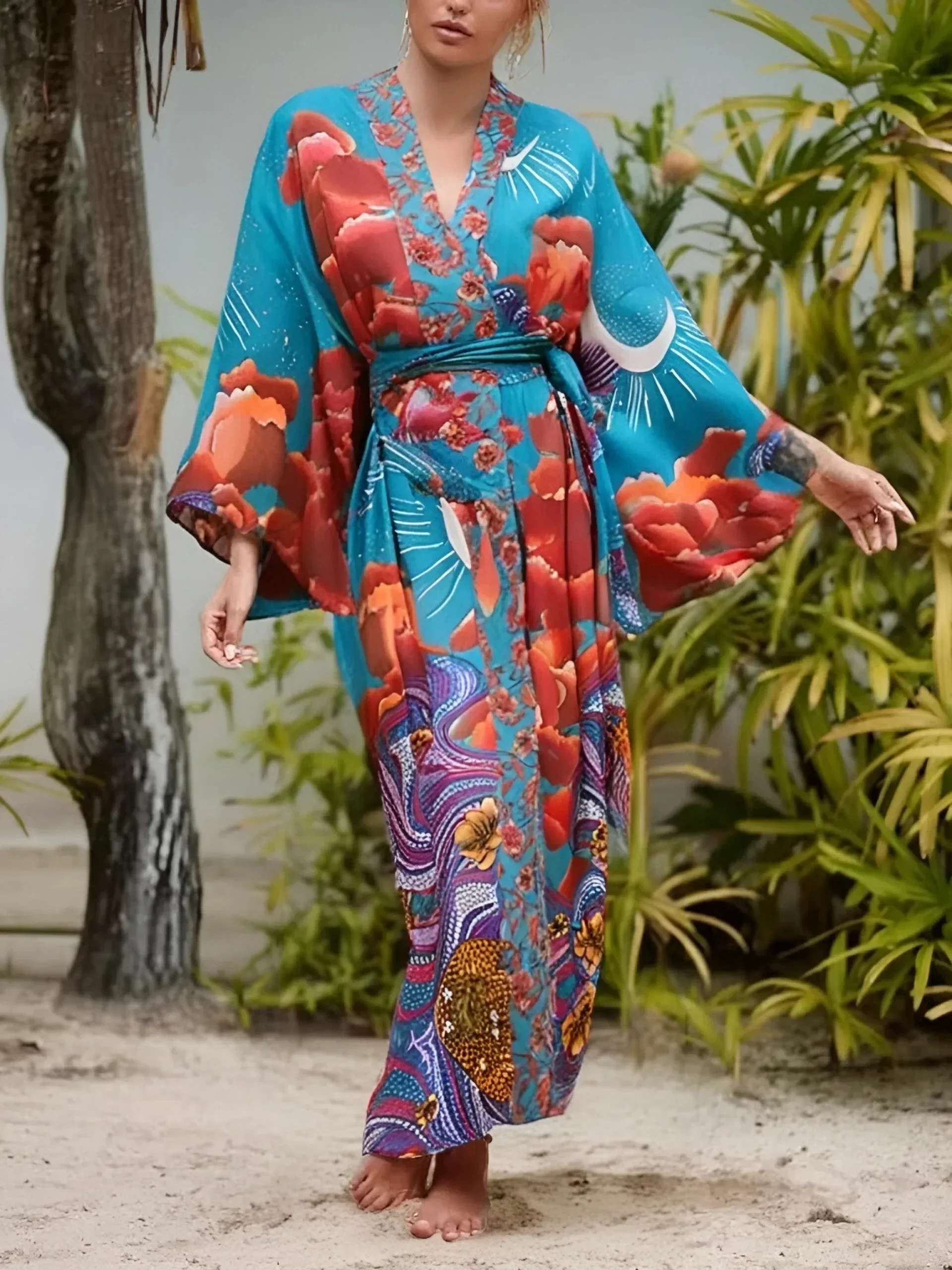 Boho Queens 여성용 스타 꽃 프린트 박쥐 소매 비치 보헤미안 기모노 드레스 로브, V넥 비키니 커버 업, 여름