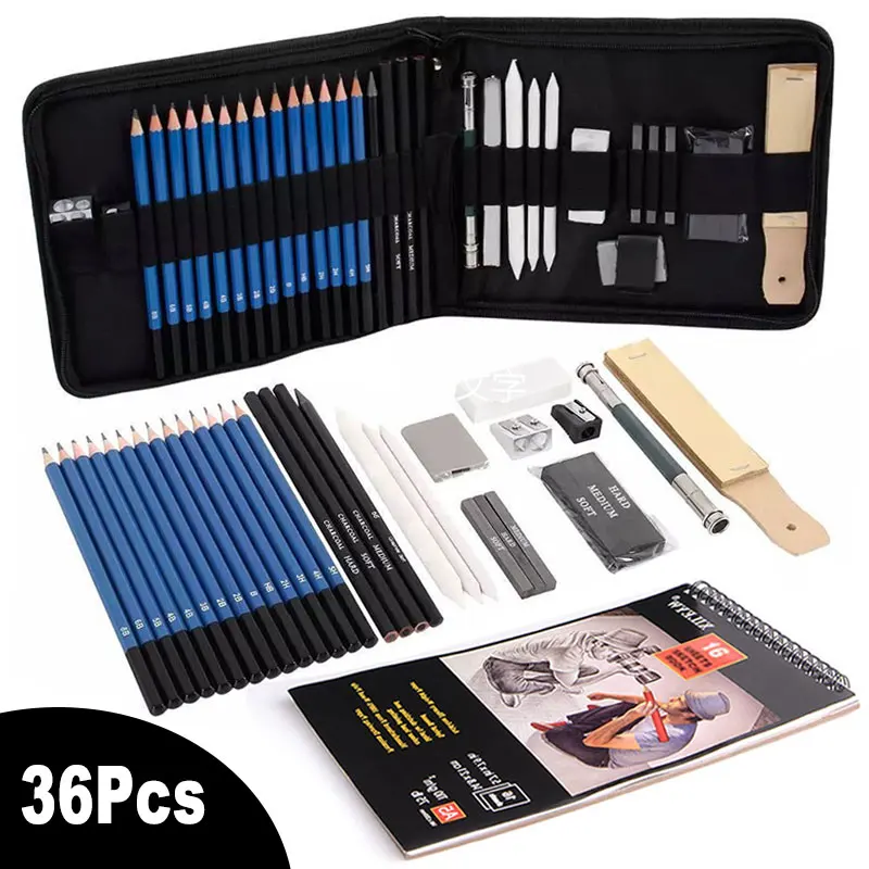 36Pcs Art Sketch Kit Artist Drawing Pencil 5H-8B Set Charcoal Graphite Stick Rod Graphing Book With Zipper Bag Organizer Case hb 2b 4b 6b woodless hexagonal graphite stick pencil bold charcoal art student sketch painting graphite pen