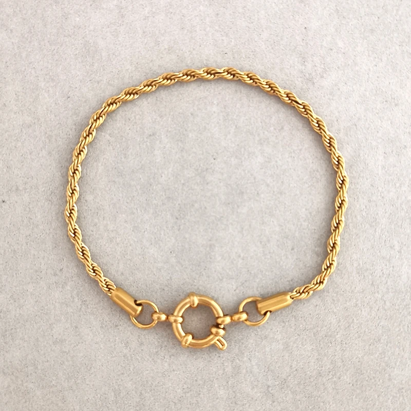 QMHJE Anchor Clasp Bracelet Women Men Stainless Steel Twist Rope Chain Sailor Wheel Geometric Link Basic DIY Gold Silver Color
