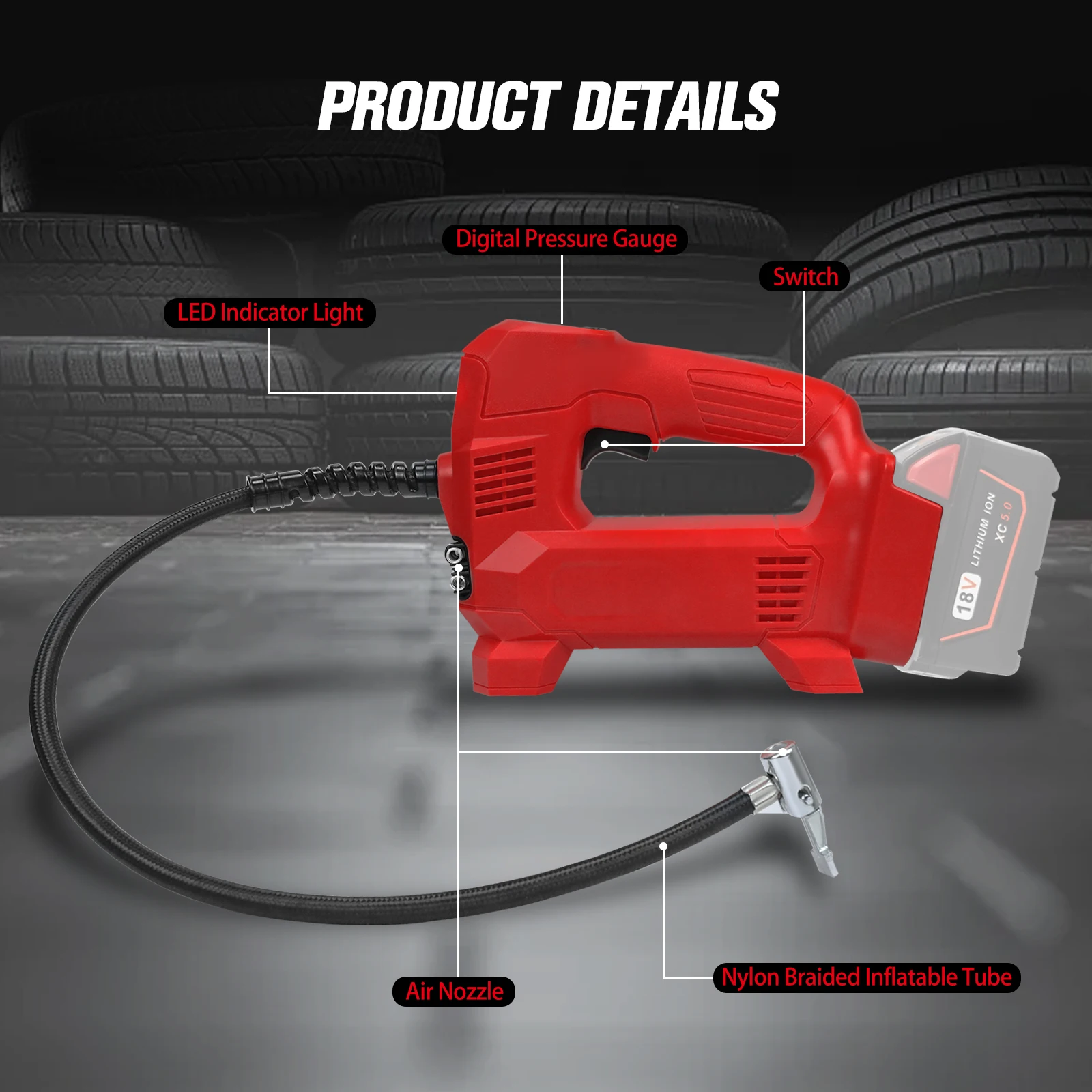 Bomba de ar Elétrica para Carro Pneu Inflator Compressor de ar com Lcd Medidor de Pressão Digital Milwaukee 18v Li-ion sem Bateria - Image 3