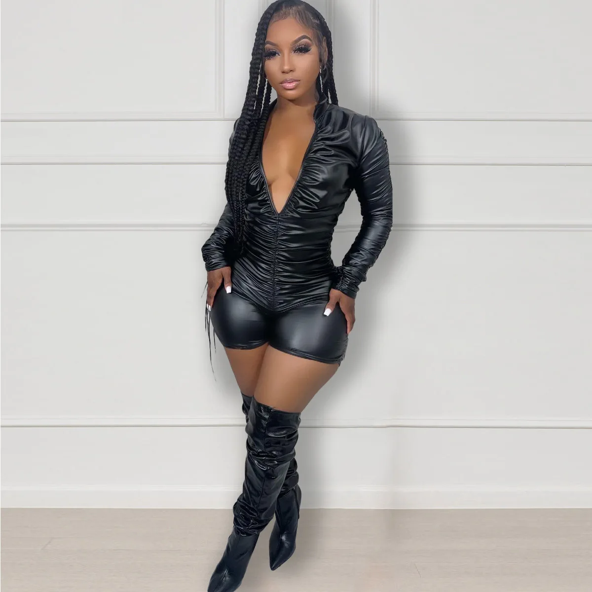 

Cool And Handsome Women's Solid Color Large V-neck Pleated High Elastic Leather Jumpsuit 2023 Autumn Motorcycle Club