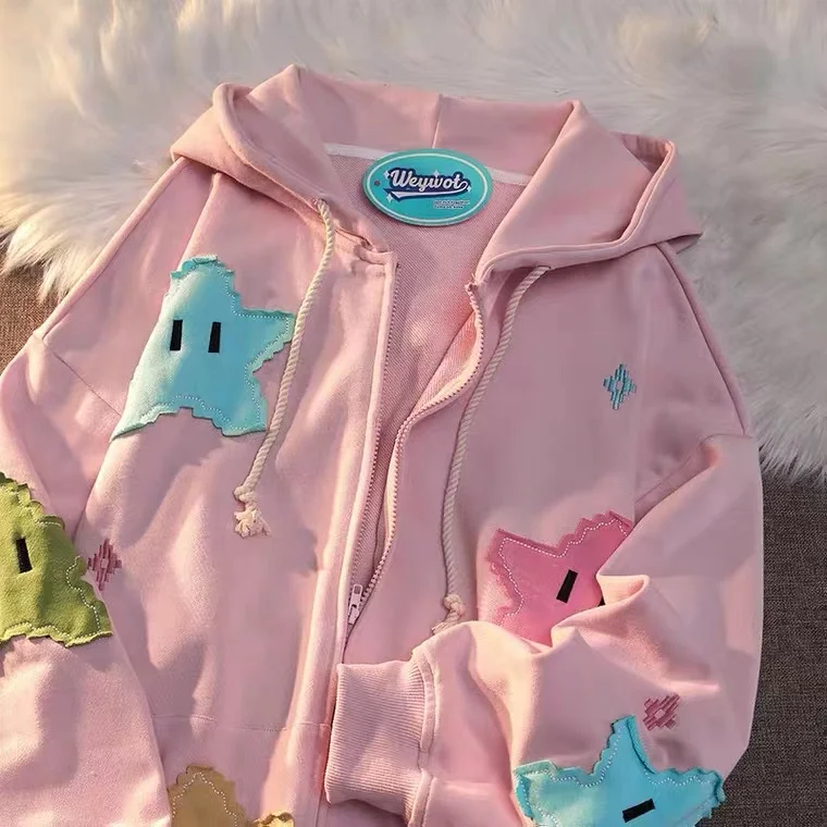 thumbnail image 1 of Sudadera con capucha y cremallera Y2K Harajuku estilo americano retro High Street bordado estrellas Sudadera con cremallera para mujer estilo holgado y elegante abrigo superior, 1 of 5