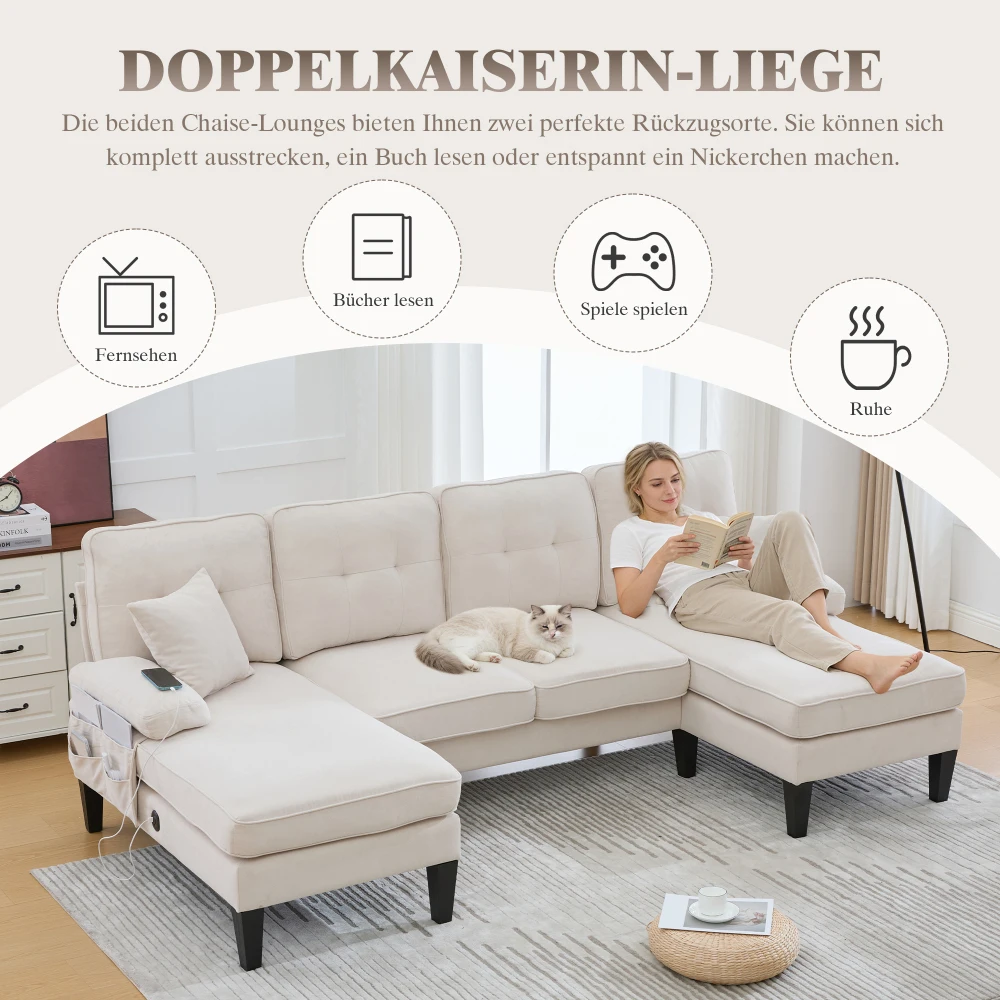 Großes U-förmiges 4-Sitzer-Sofa aus Weichem Leinen, Moderne Rückenlehne, mit 2 Chaiselongues, Stabilen Füßen und Gemütlichen Sitzkissen – Detail 28