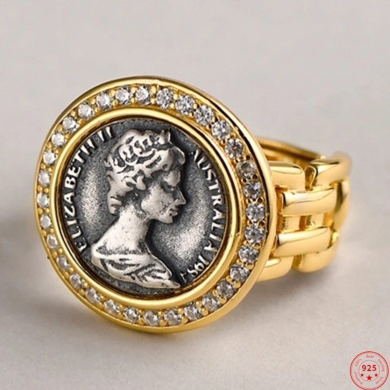 

S925 Sterling Silver Rings for Women Men New Fashion Antique Coins Style Queen's Sculpture Zircon Gilded Jewelry Free Shipping