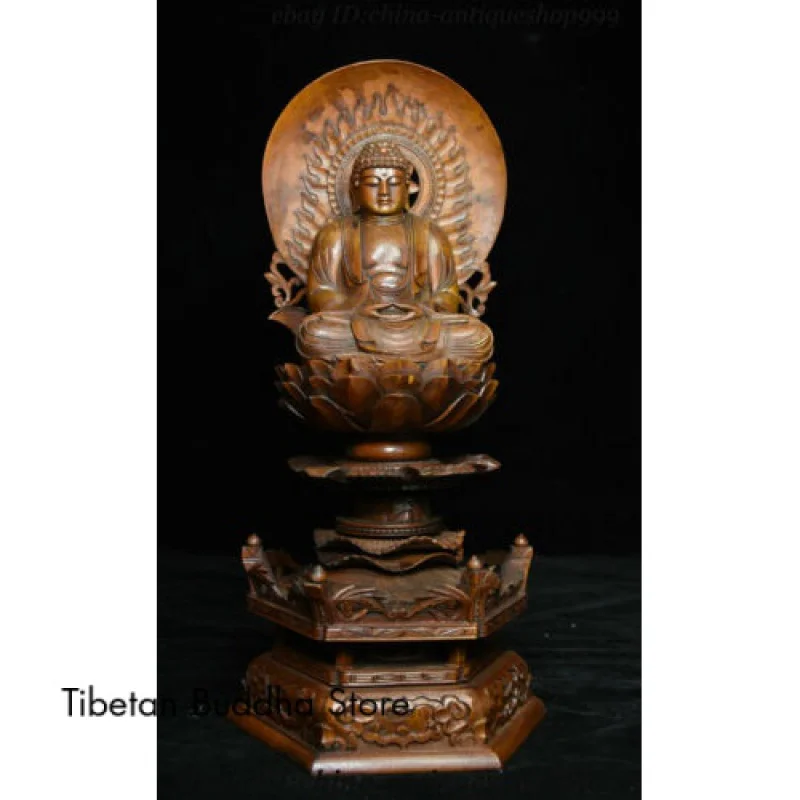 

13" Old Chinese Boxwood Wood Carving Shakyamuni Amitabha Buddha Tathagata Statue