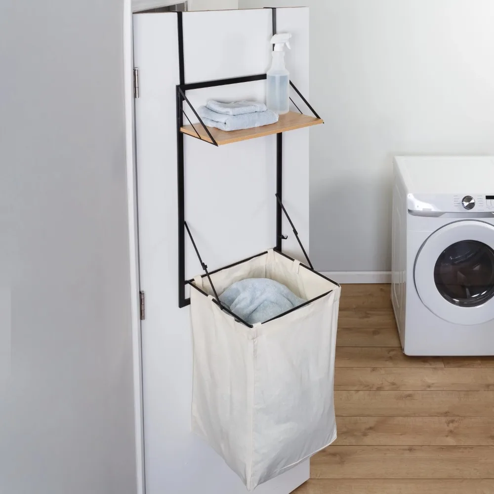 Steel Over-the-Door or Wall Mount Folding Clothes Hamper with Shelf, Black/Maple
