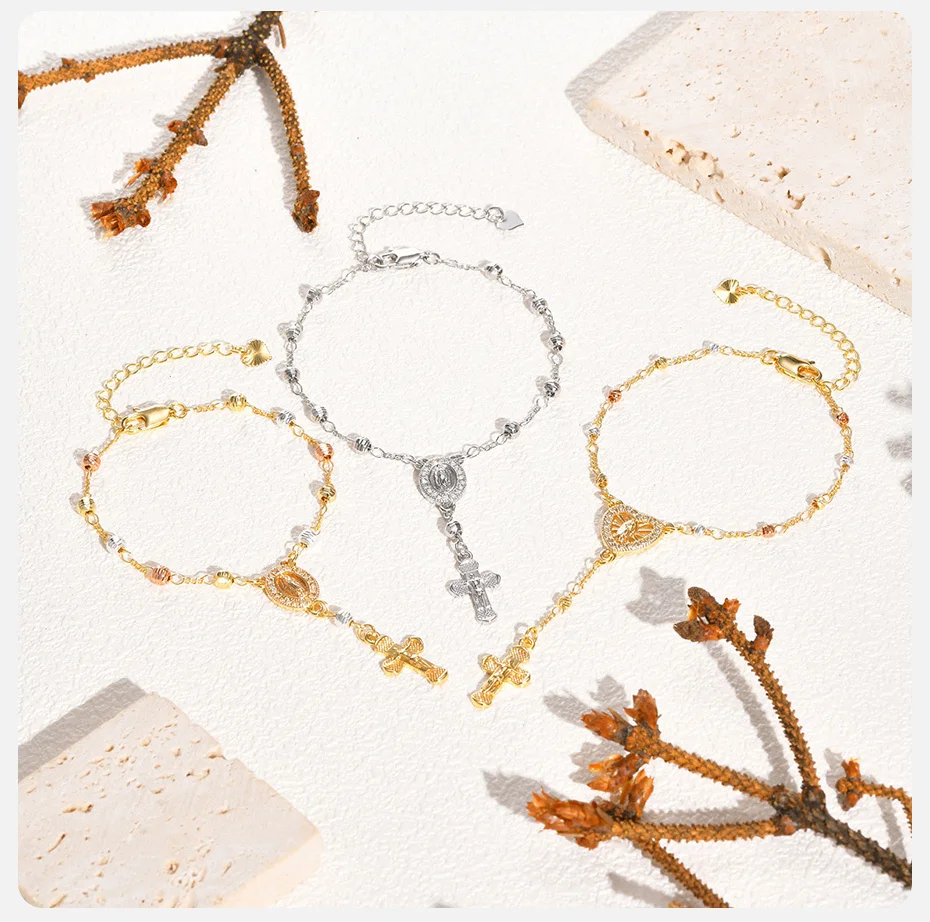 Vnox Jungfrau Maria Armbänder für Frauen, weiß vergoldetes Jesus Christus Charm Kreuz Anhänger Armband, Religon Glaube Kirche Schmuck – Detail 8