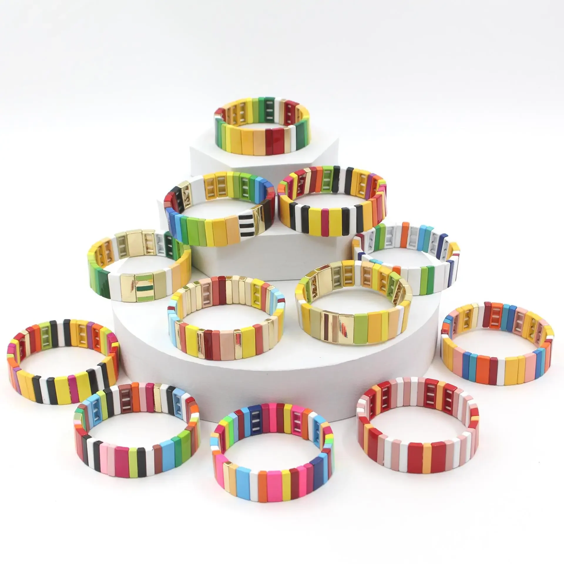 Ethnic Style Enamel Geometric Rectangular Rainbow Fashion Lucky Women's Bracelet Bangle DIY Beaded Multi-layered Couple Jewelry bracelet jewelry