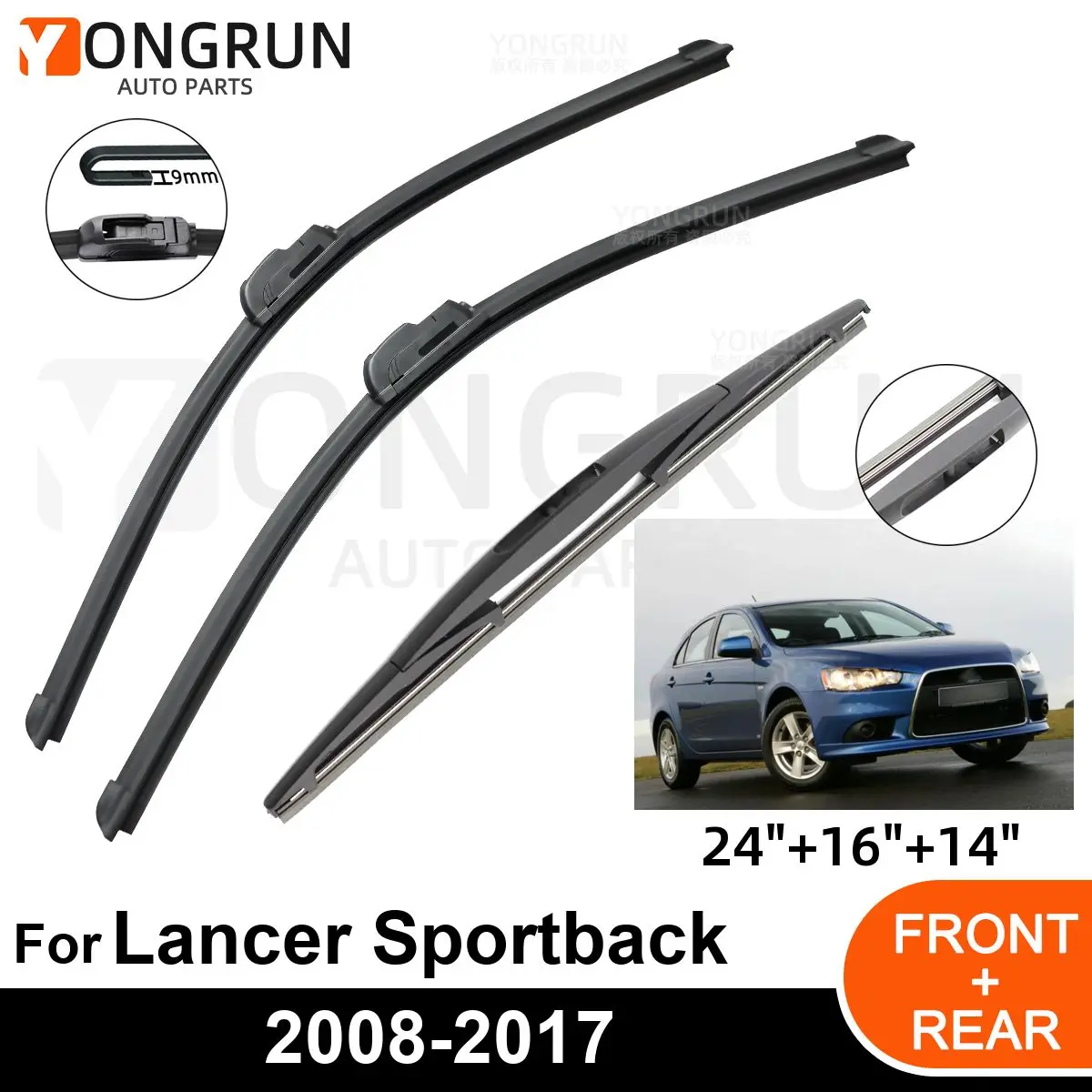 

3PCS Car Wiper for Mitsubishi Lancer Sportback 2008-2017 Front Rear Windshield Windscreen Wiper Blade Rubber Accessories