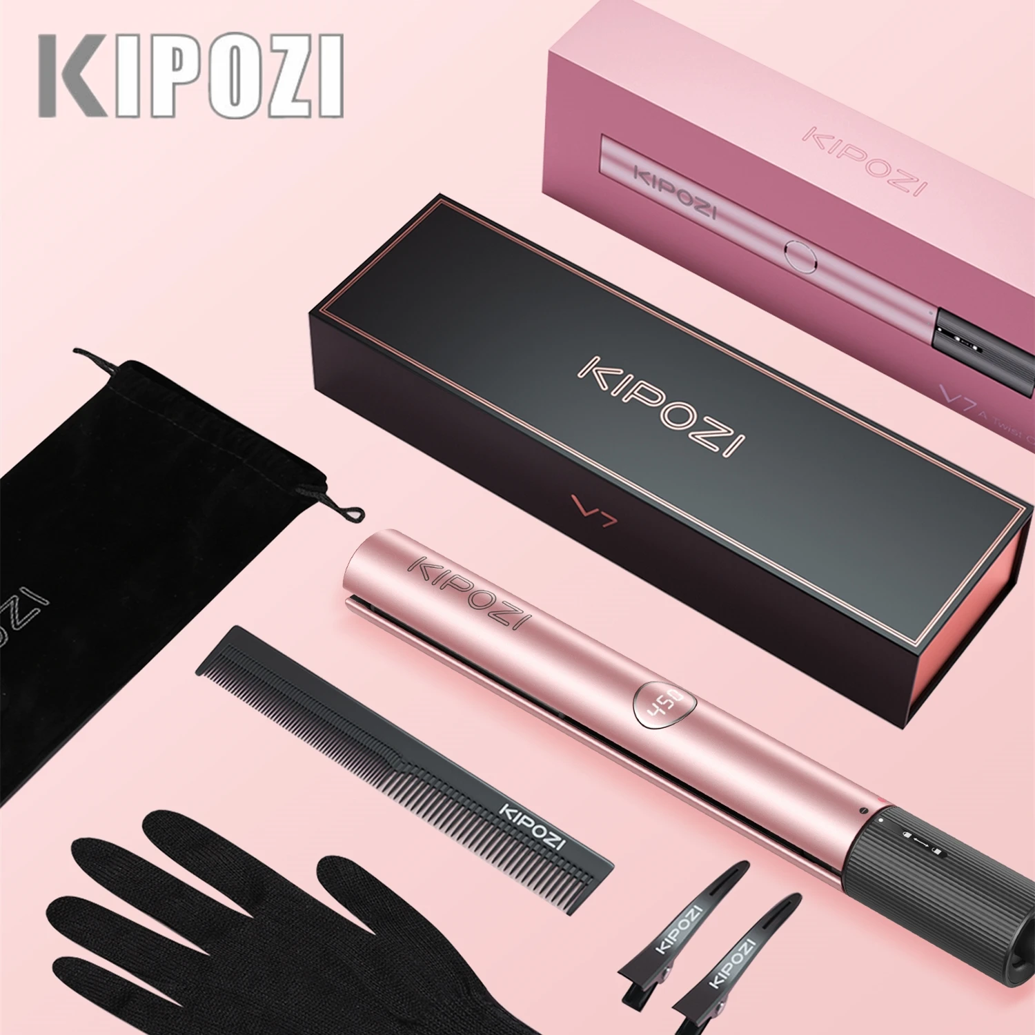 Kipozi V7 Rose Gold Luxury Hair Straightener Curling Iron Titanium Flat