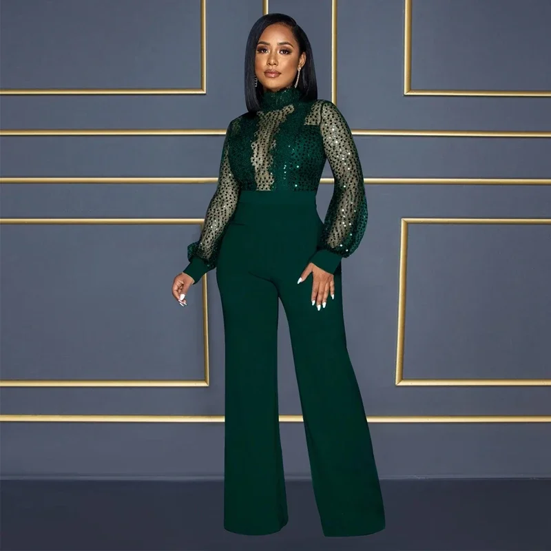 きらめくキラキラスパンツジャンプスーツ、長袖、シースルー