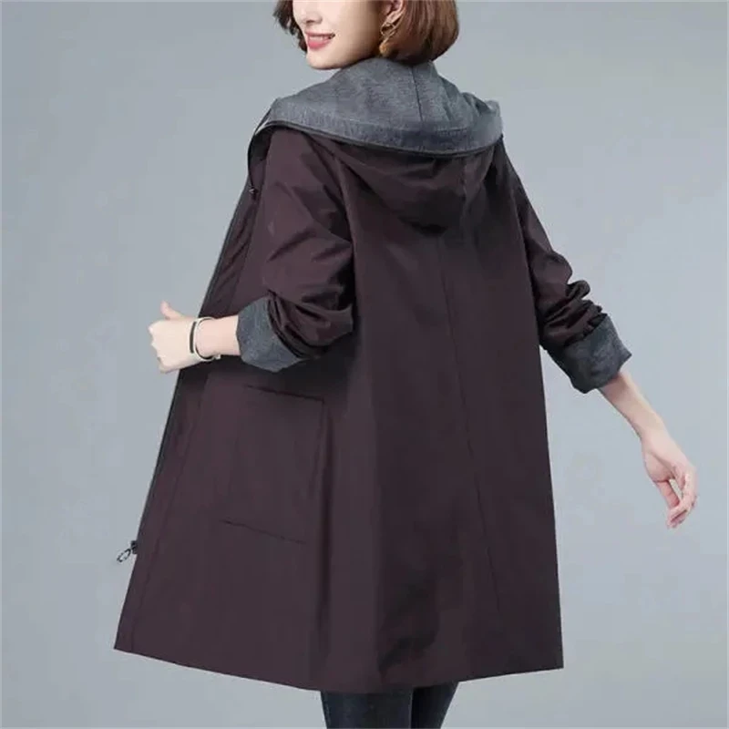 2023 New Women Hooded Windbreaker Fashion Long Sleeve Overcoat Casual Loose Basic Coat Female Mid-Length Solid Color Outerwear