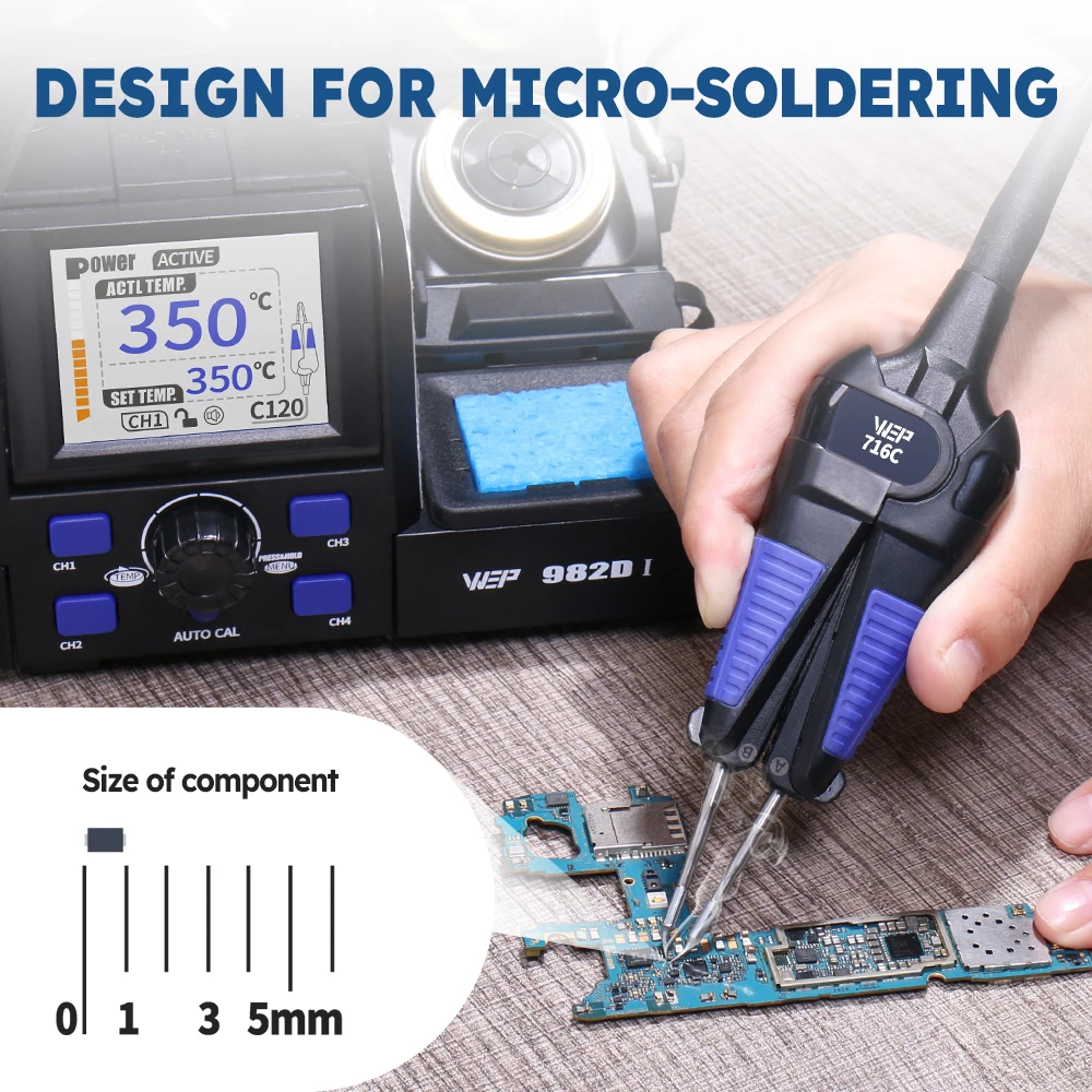 WEP 982D-I Precision Soldering Station Tweezers Rework Station for Micro Component 4 Preset Channel 2Pcs C120-IS Cartridge soldering station