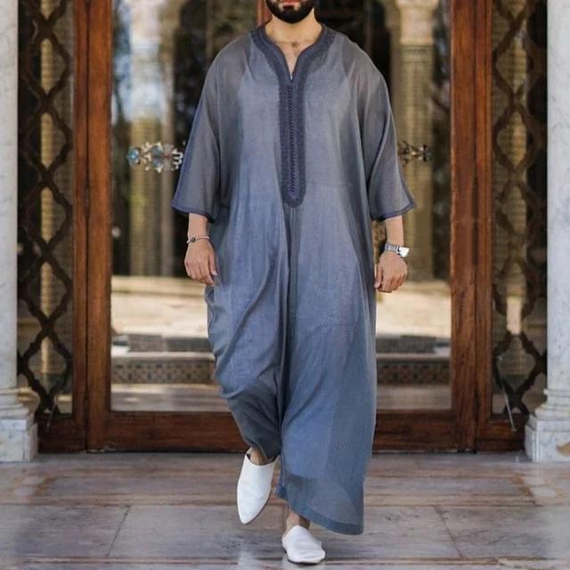 Abaya homme – Robe Caftan à col en V pour hommes, style musulman, rétro, moderne – Image 2