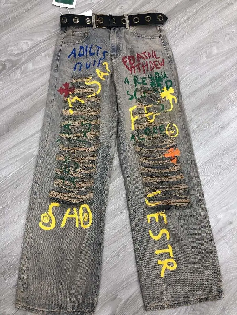 Beggar's Broken Hole Jeans Women's Spring/Summer 2023 New Straight Tube Colorful Letter  Wide Leg Pants