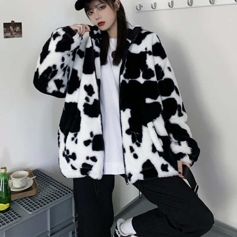 JMPRS Winter Women Faux Fur Coats Harajuku Fashion Cows Print Loose Female Warm Cotton Jacket Casual Korean Ladies Clothes maxi puffer coat