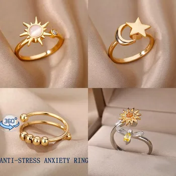 Anti Stress Anxiety Fidget Rings for Women Stainless Steel Sunflower Sun Star Spinner Ring Christmas Jewelry Gifts Dropshipping 1