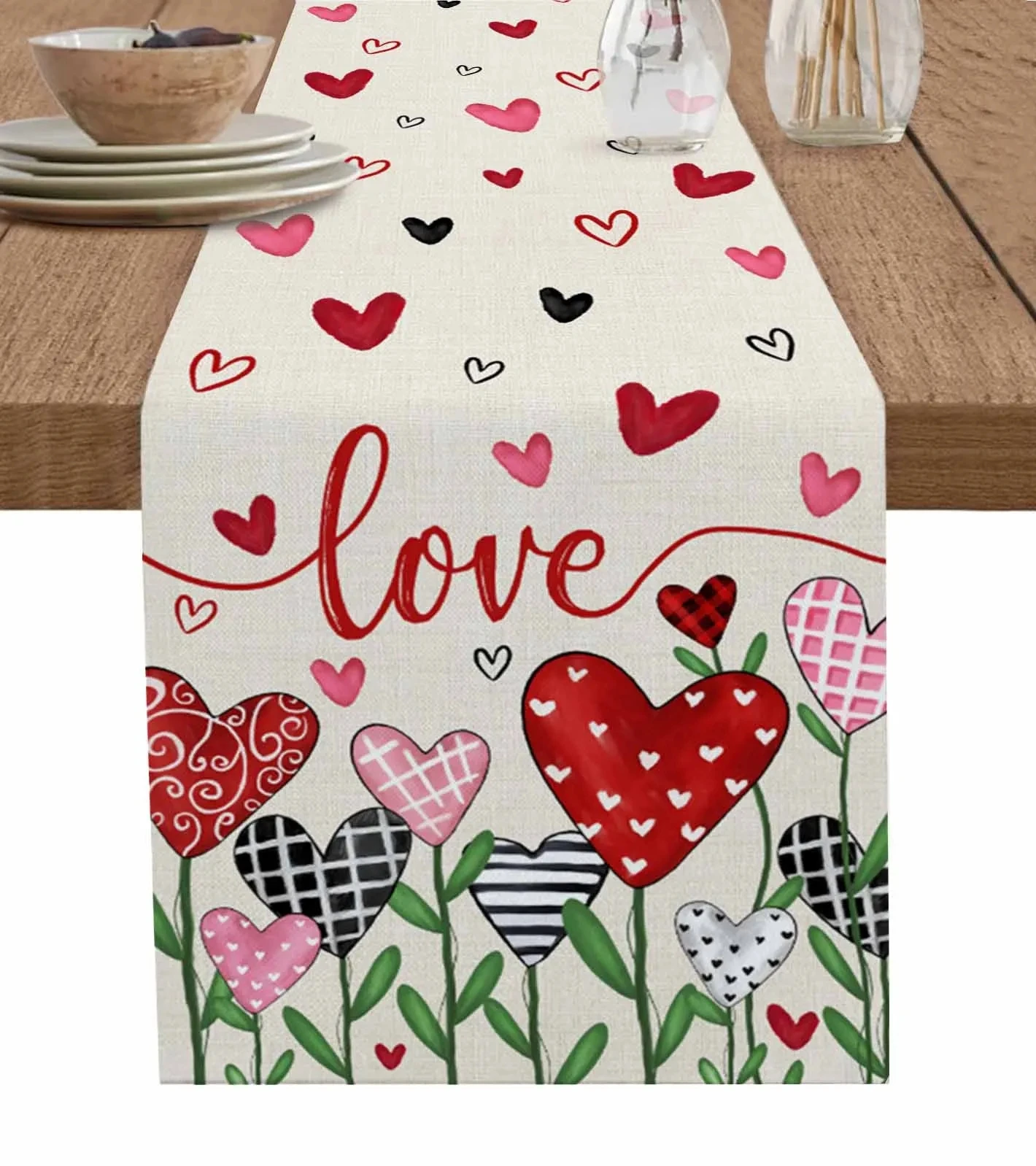 

Valentine'S Day Love Heart Tree Linen Table Runners Wedding Decor Farmhouse Dining Table Runners Holiday Party Decorations