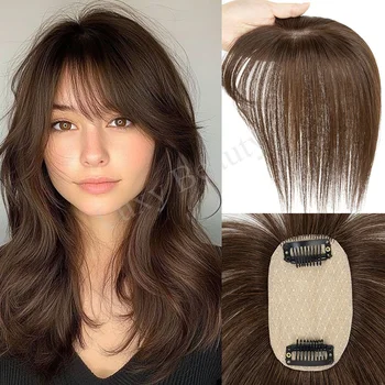 Brown Human Hair Topper With Bangs Women 5x9cm Natural Black Highlights Blonde Skin Scalp Clip in Topper Hair Pieces Human Hair 1