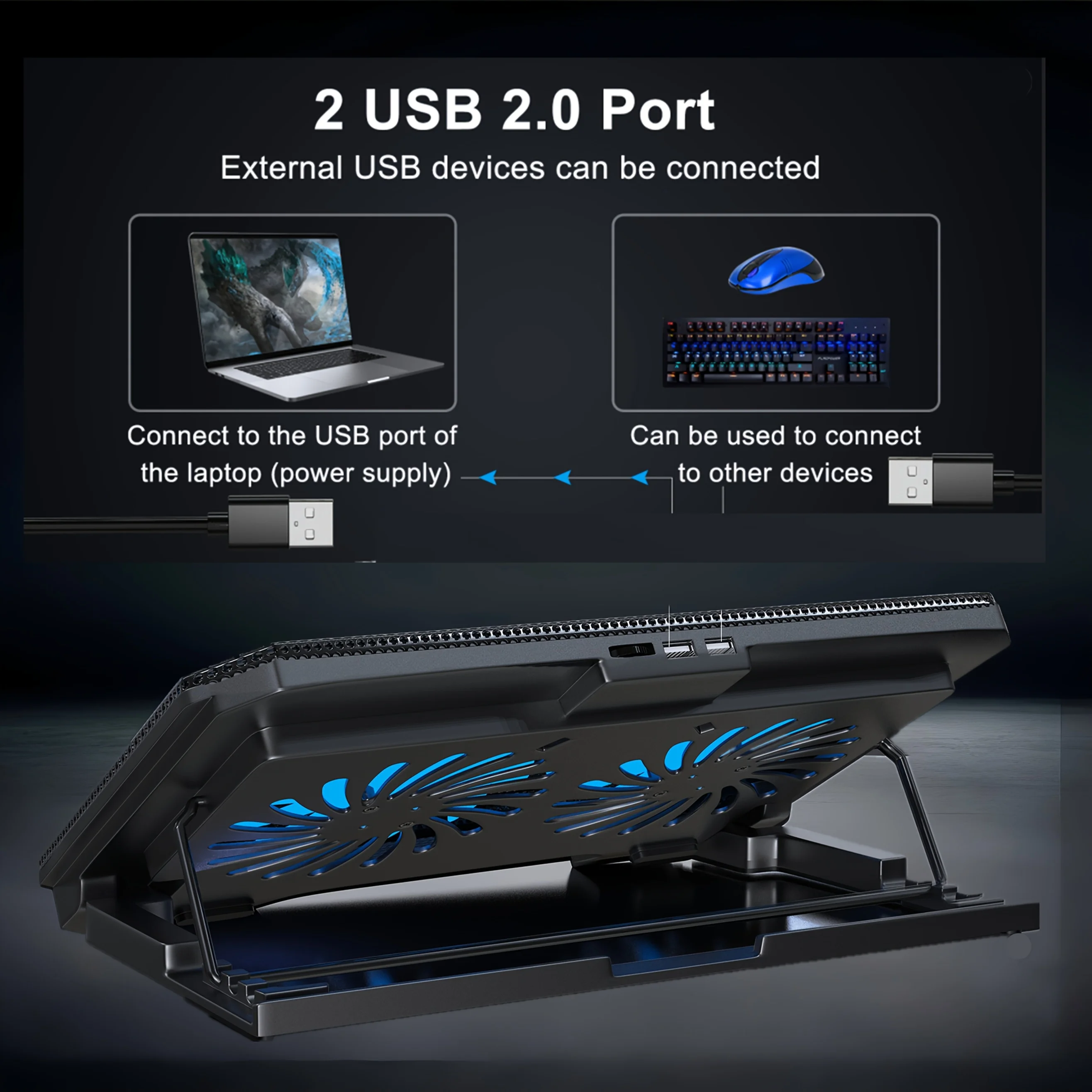 USB Gaming Laptop Cooling Pad Adjustable Bracket - Blue LED Fan Display, Compatible With 11-17 Inch Laptop, Durable_voghion.com