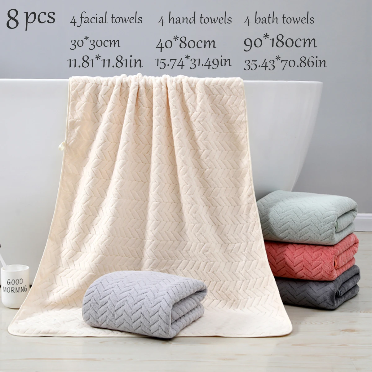 8-piece set [4 hand towels + 2 face towels + 2 bath towels] It&rsquo;s warm when you wrap it, and the size is super satisfying! Coral