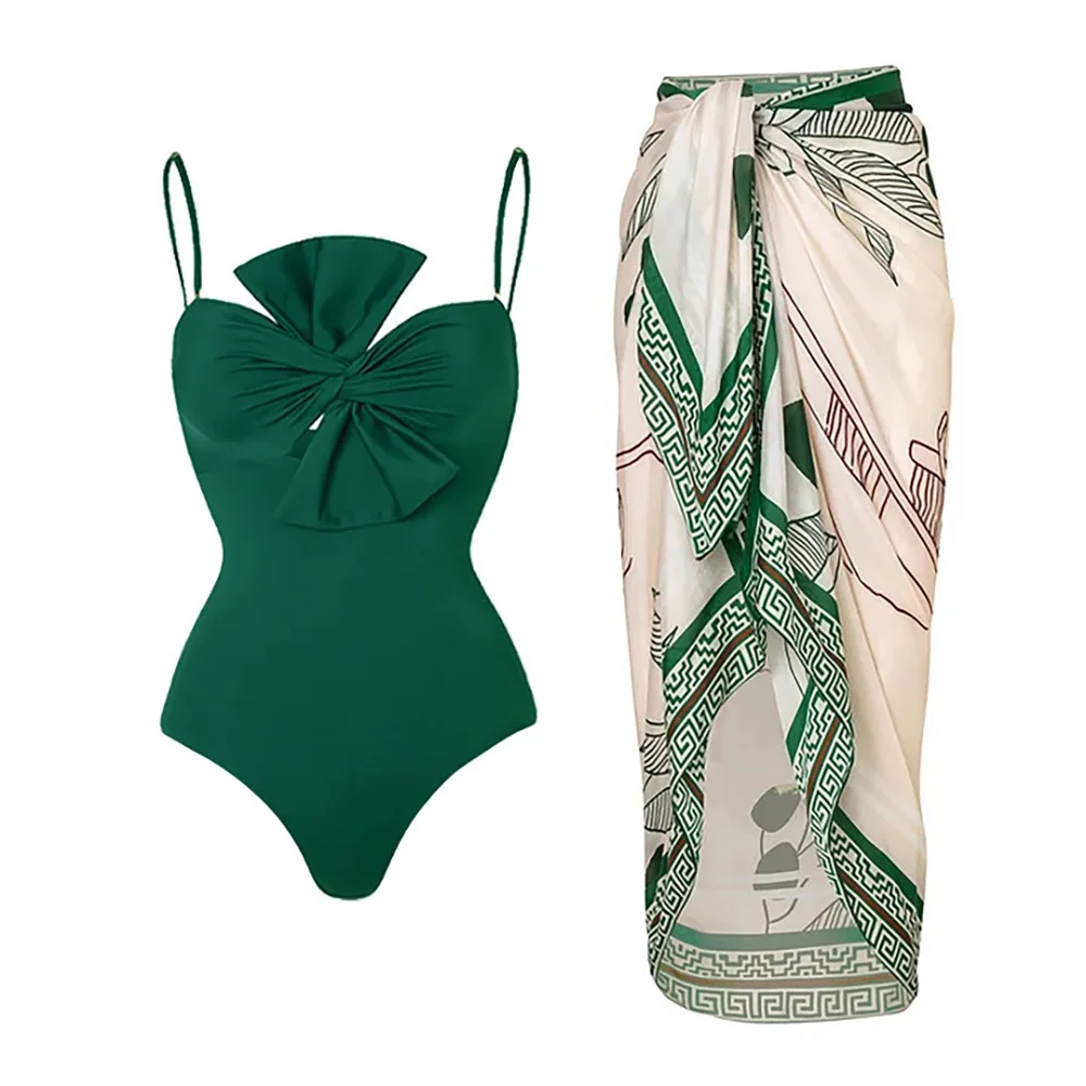 Women's New Bikini Style Bowknot Solid Color One-piece Swimsuit Suit Cover Up Dress Swimwear Summer Beach Wear